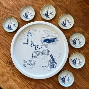 Vintage Cape Cod Metal Tray & 7 Pc Coaster Set by Norex